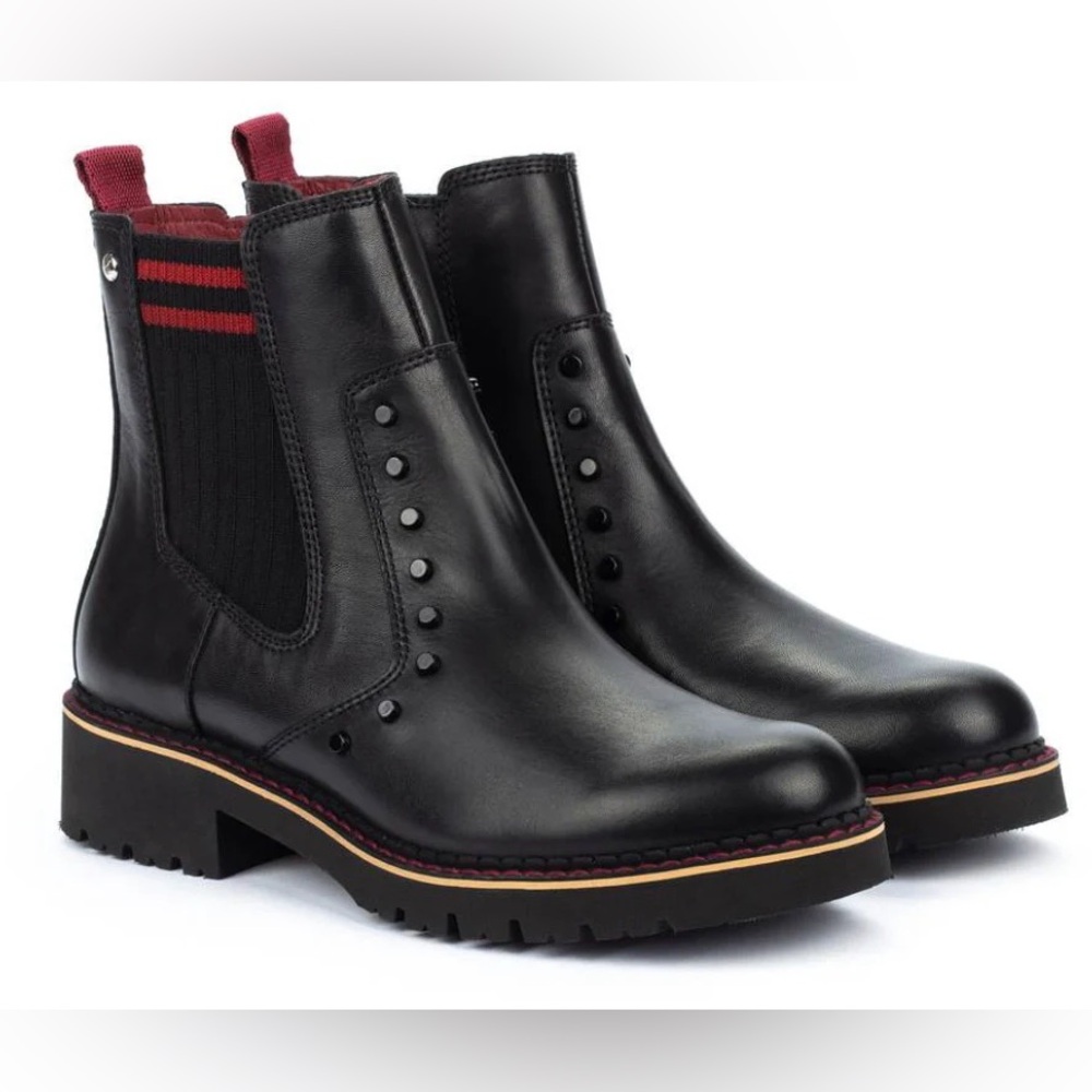 PIKOLINOS Black Leather Ankle Boots with Red Accents